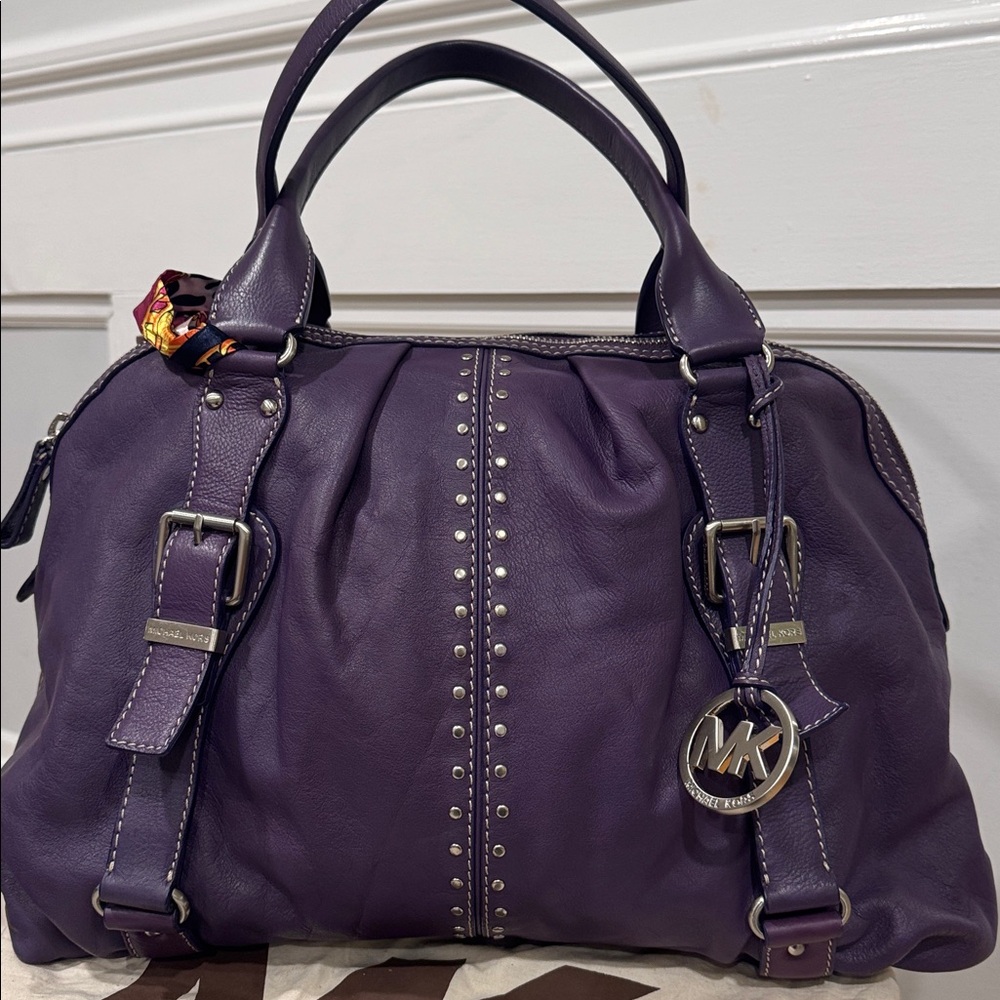 Michael Kors Satchel Large Oversized Purple Leather Studded  Lattington Bag - Picture 5 of 17